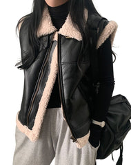 Elegancia Black Leather Vest With Sherpa