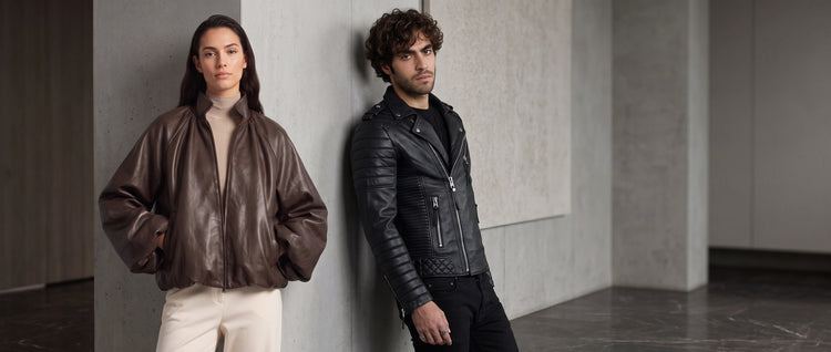 Man and woman wearing premium real leather jackets from Amrika Leather