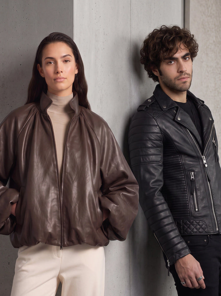 Man and woman wearing premium real leather jackets from Amrika Leather