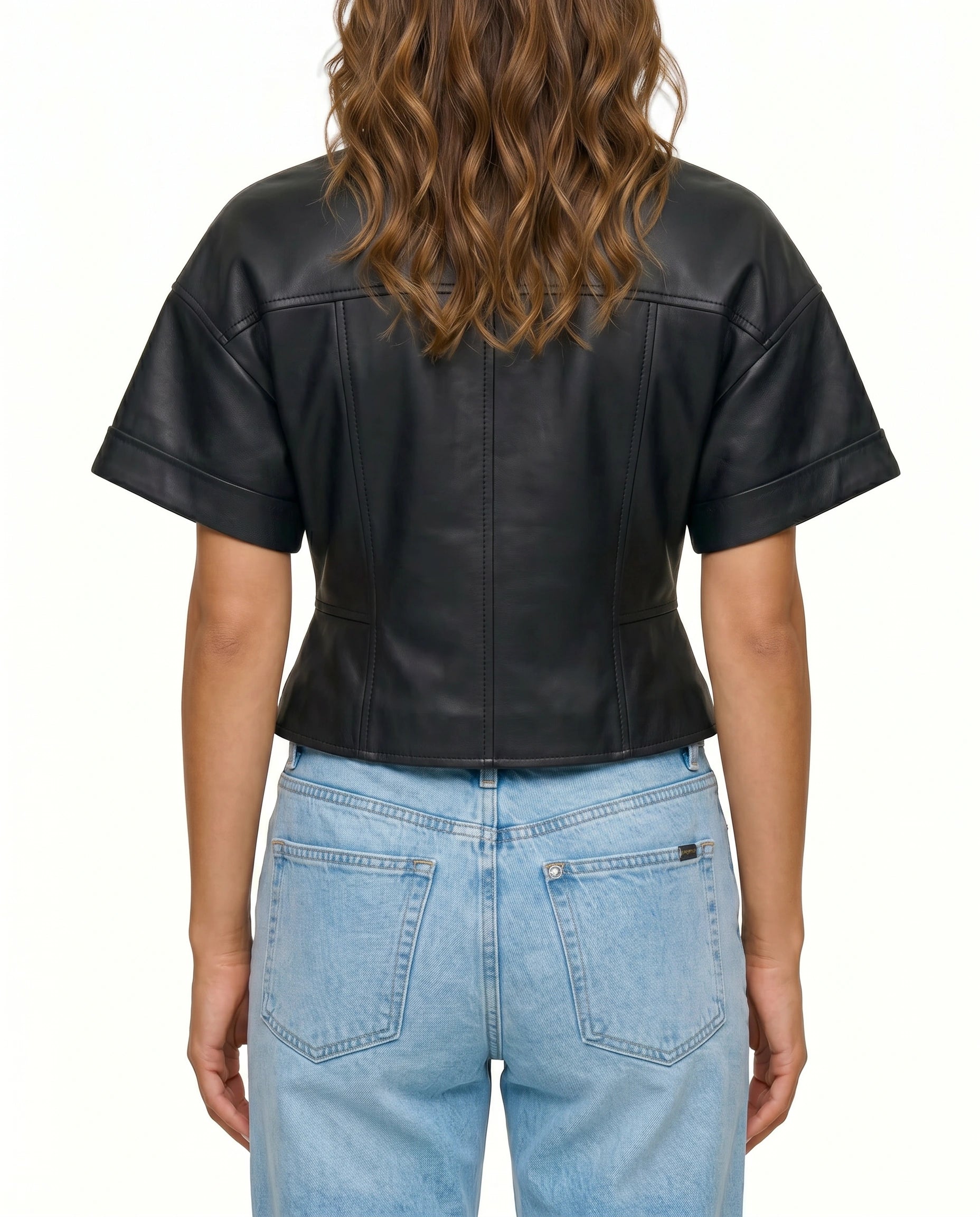 Back view of The Ayla women's black genuine lambskin short sleeve leather jacket by Amrika Leather highlighting the tailored fit and clean back design.