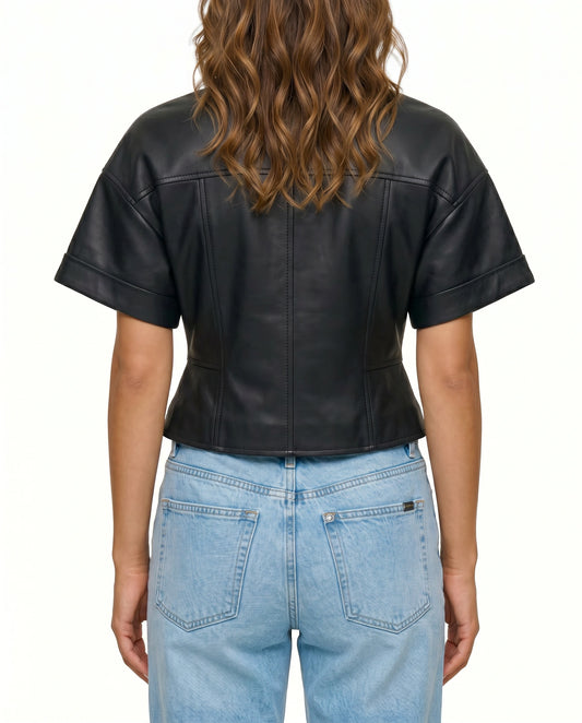 Back view of The Ayla women's black genuine lambskin short sleeve leather jacket by Amrika Leather highlighting the tailored fit and clean back design.