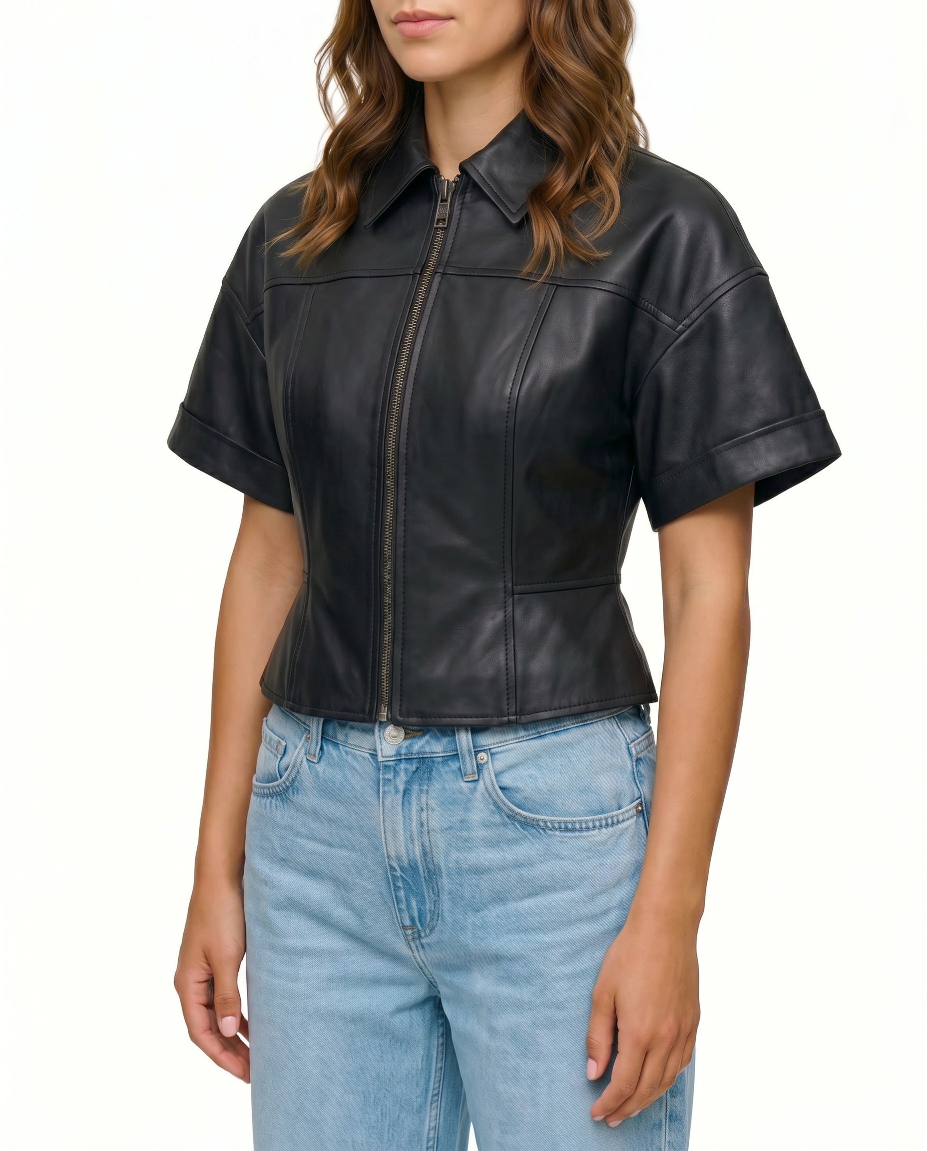 Front angled view of The Ayla women's black genuine lambskin short sleeve leather jacket by Amrika Leather showcasing the contoured waist and minimalist design.