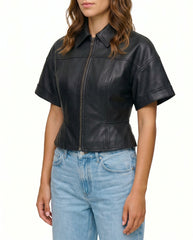 Front angled view of The Ayla women's black genuine lambskin short sleeve leather jacket by Amrika Leather showcasing the contoured waist and minimalist design.