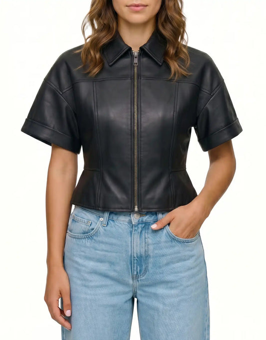 Front view of The Ayla women's black real lambskin short sleeve leather jacket by Amrika Leather featuring a tailored silhouette, shirt collar, and YKK front zipper.