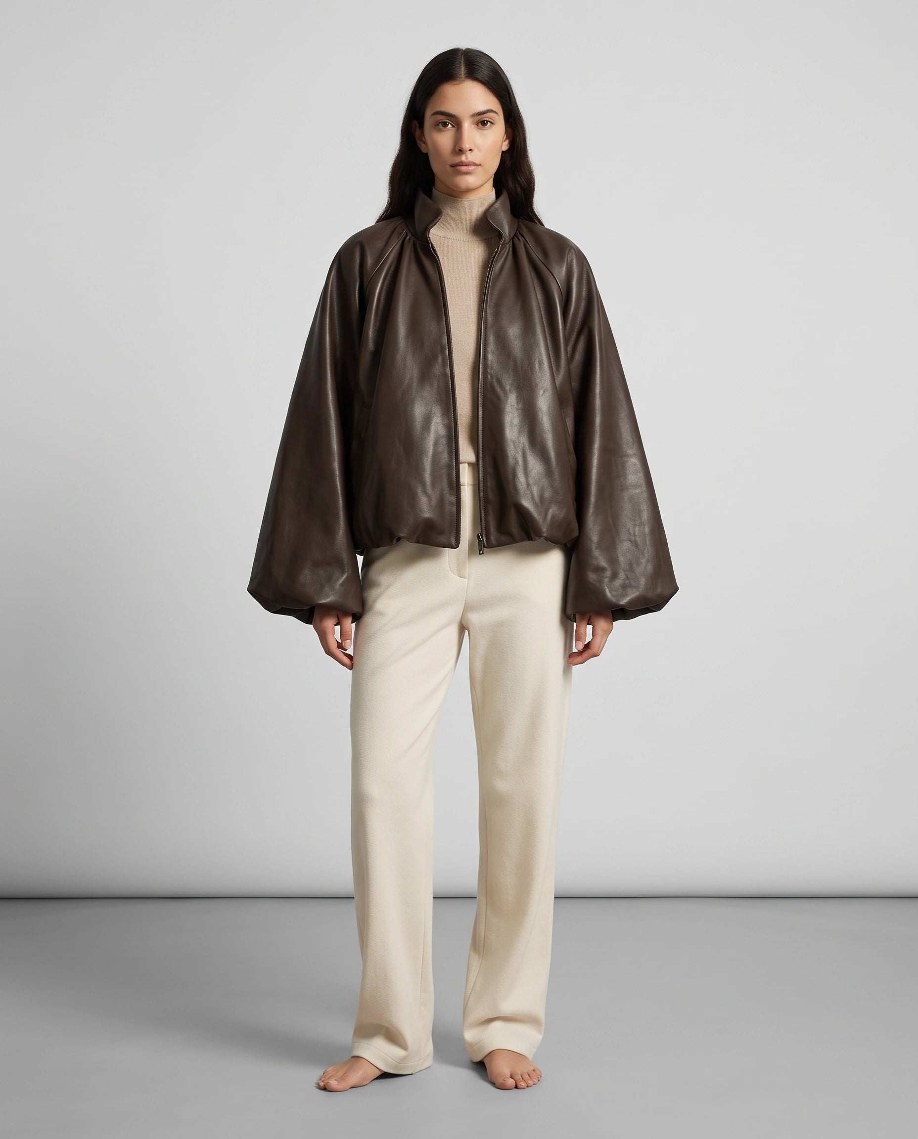 Full-length view of The Eira women's brown genuine lambskin oversized balloon-sleeve leather jacket by Amrika Leather showcasing its complete oversized silhouette and styling.