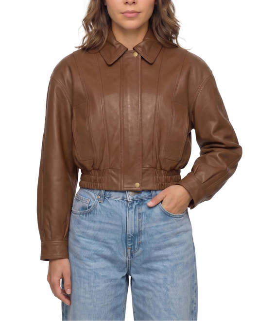 Front view of The Elowen women's brown genuine lambskin cropped leather jacket by Amrika Leather featuring a classic shirt collar and tailored silhouette.