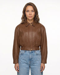Hero image of The Elowen women's brown genuine lambskin cropped leather jacket styled for a timeless everyday look.