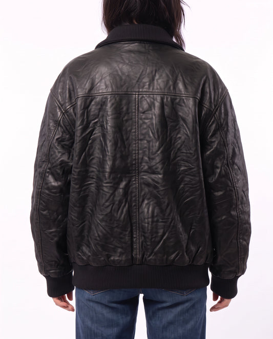 Back view of The Juno women's washed lambskin leather bomber jacket by Amrika Leather highlighting its classic bomber silhouette.