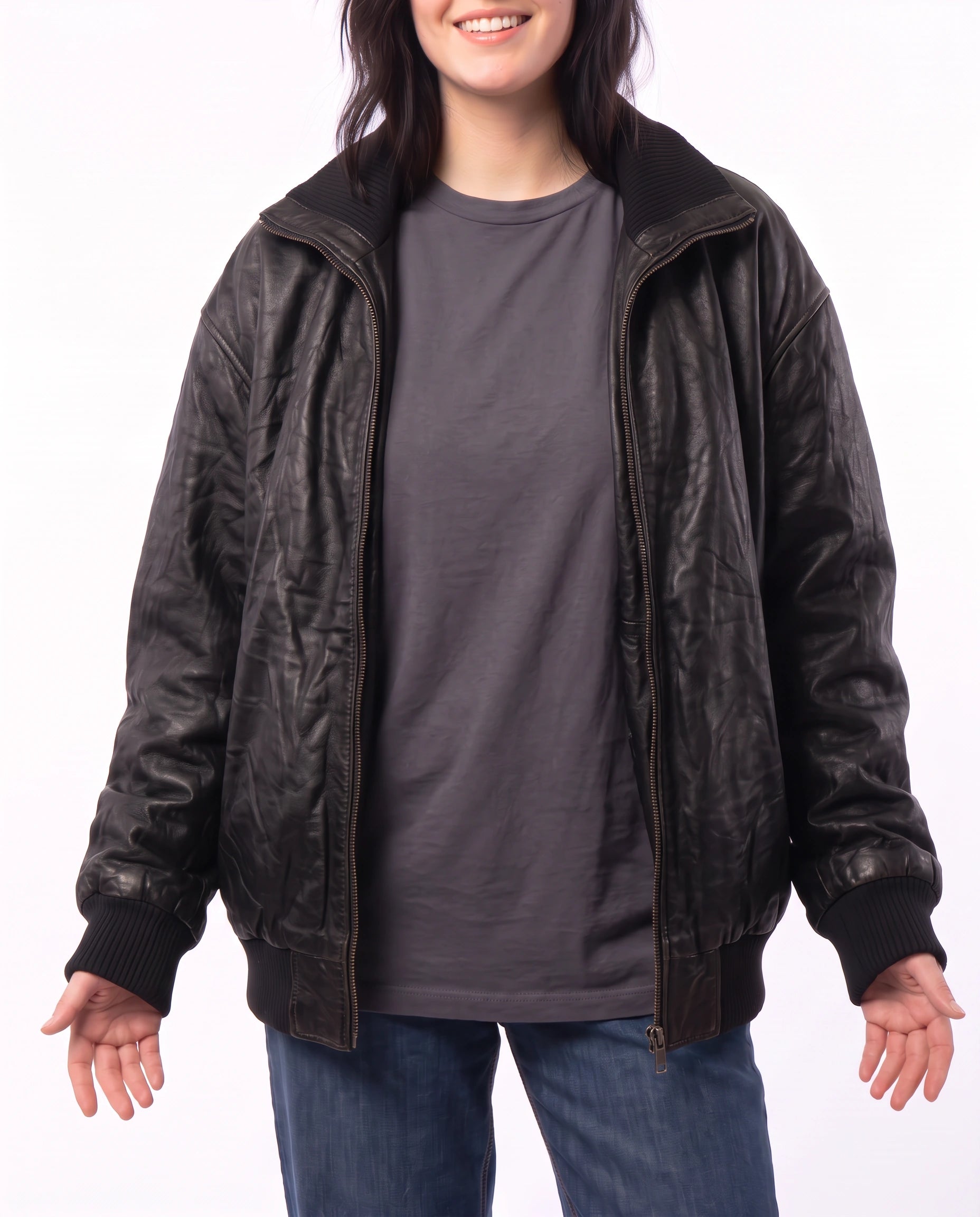 Hero view of The Juno women's washed lambskin leather bomber jacket styled in a relaxed contemporary fashion look.