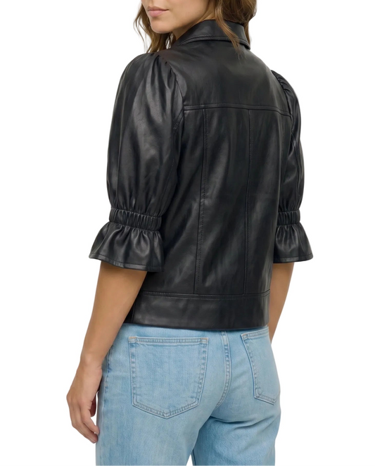 The Lumi Women's Black Real Lambskin Leather Puff Sleeve Jacket