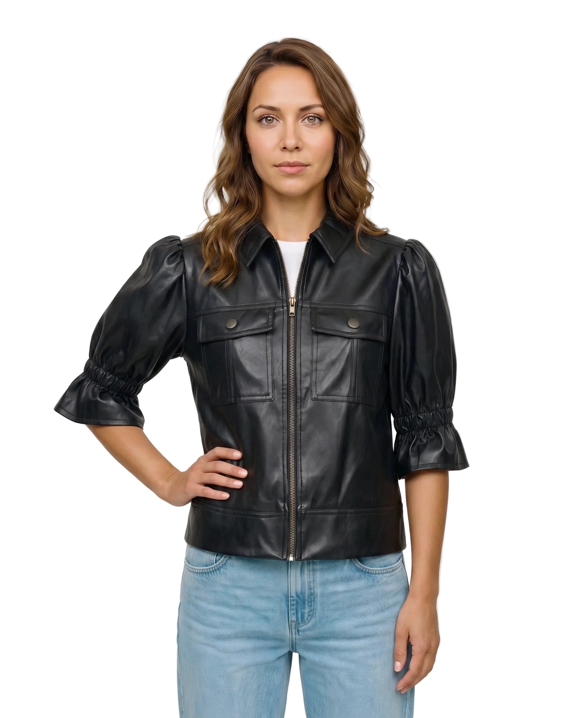 Front view of The Lumi women's black real lambskin leather puff sleeve jacket by Amrika Leather featuring a shirt collar, zip-front closure, and statement puff sleeves.