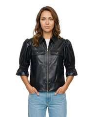 The Lumi Women's Black Real Lambskin Leather Puff Sleeve Jacket