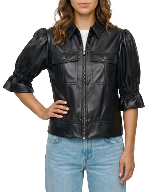 Front view of The Lumi women's black real lambskin leather puff sleeve jacket by Amrika Leather featuring a shirt collar, zip-front closure, and statement puff sleeves.