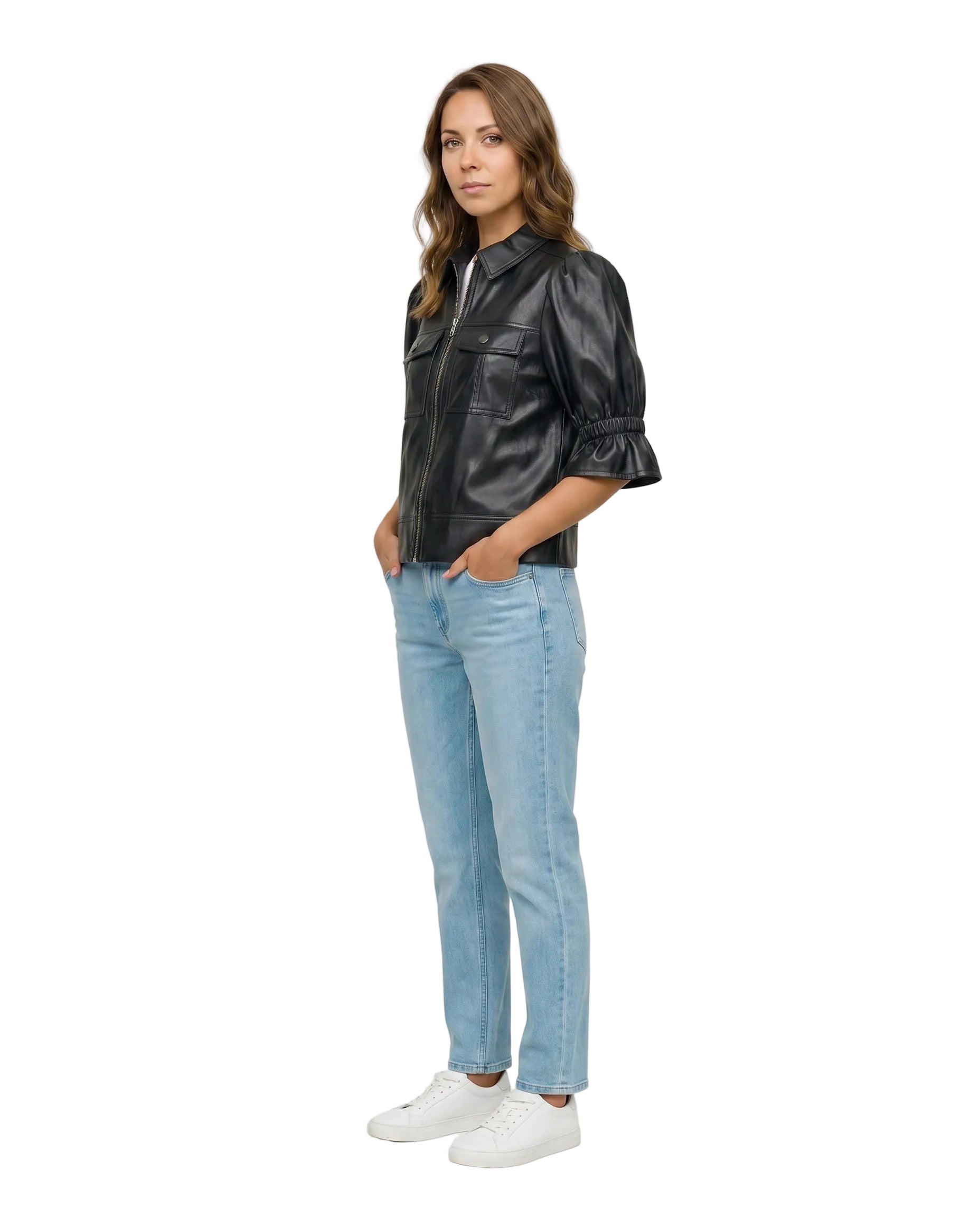 Right side view of The Lumi women's black lambskin leather puff sleeve jacket by Amrika Leather highlighting the modern profile and voluminous sleeves.
