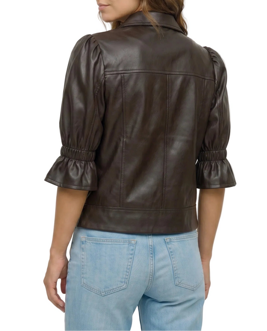 Back view of The Lumi women's brown genuine lambskin leather puff sleeve jacket by Amrika Leather showcasing the tailored silhouette and gathered puff sleeves.