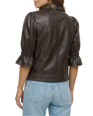Back view of The Lumi women's brown genuine lambskin leather puff sleeve jacket by Amrika Leather showcasing the tailored silhouette and gathered puff sleeves.