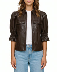 Front view of The Lumi women's brown real lambskin leather puff sleeve jacket by Amrika Leather featuring a shirt collar, zip-front closure, and statement puff sleeves.