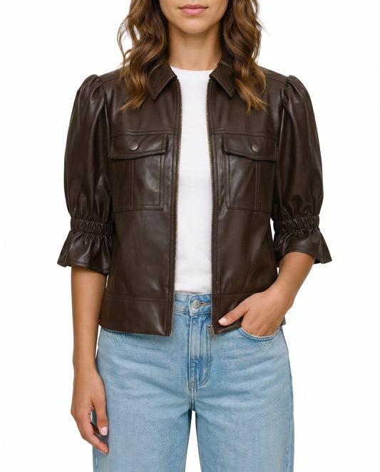 Front view of The Lumi women's brown real lambskin leather puff sleeve jacket by Amrika Leather featuring a shirt collar, zip-front closure, and statement puff sleeves