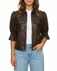 Front view of The Lumi women's brown real lambskin leather puff sleeve jacket by Amrika Leather featuring a shirt collar, zip-front closure, and statement puff sleeves