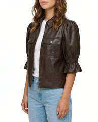 Right side view of The Lumi women's brown lambskin leather puff sleeve jacket by Amrika Leather highlighting the modern fit and voluminous sleeves.