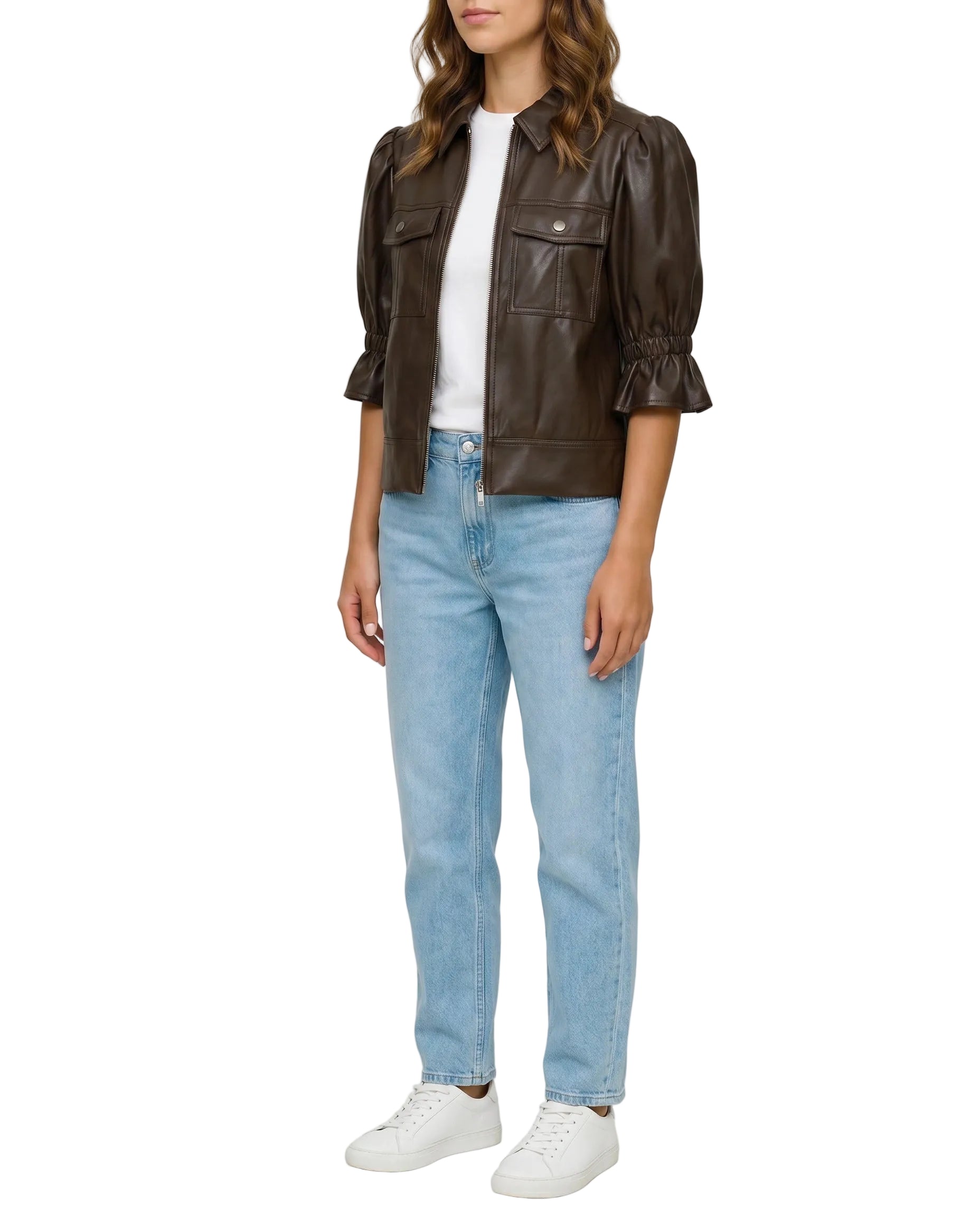 Model wearing The Lumi women's brown real lambskin leather puff sleeve jacket by Amrika Leather.