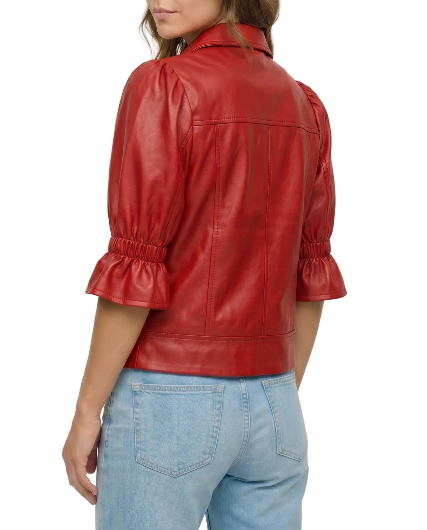Back view of The Lumi women's red genuine lambskin leather puff sleeve jacket by Amrika Leather showcasing the tailored silhouette and gathered puff sleeves.