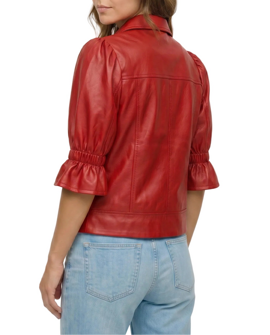 Back view of The Lumi women's red genuine lambskin leather puff sleeve jacket by Amrika Leather showcasing the tailored silhouette and gathered puff sleeves.