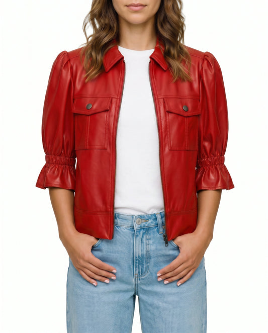 Front view of The Lumi women's red real lambskin leather puff sleeve jacket by Amrika Leather featuring a shirt collar, zip-front closure, and statement puff sleeves.