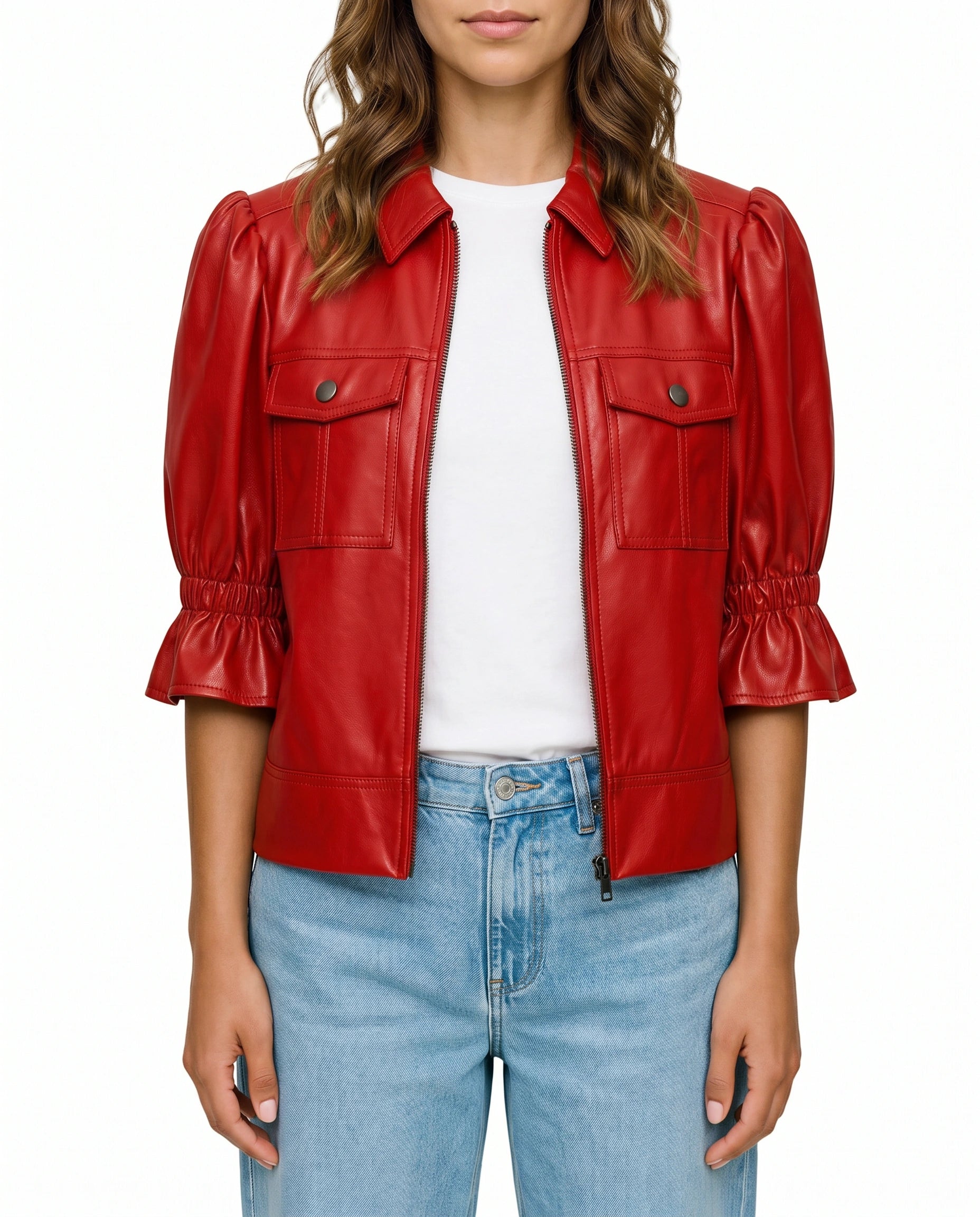 Front view of The Lumi women's red real lambskin leather puff sleeve jacket by Amrika Leather featuring a shirt collar, and statement puff sleeves.