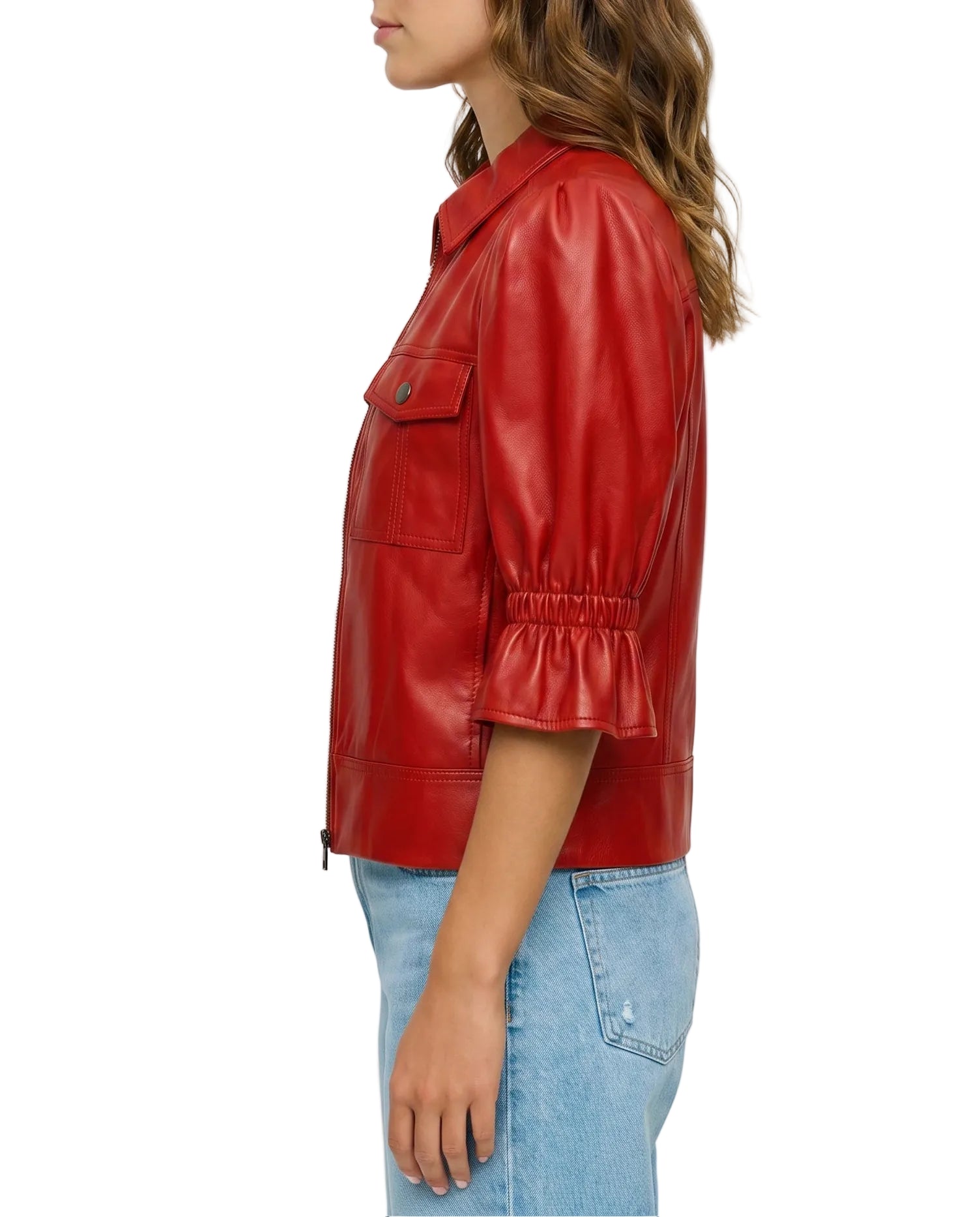 Right side view of The Lumi women's red lambskin leather puff sleeve jacket by Amrika Leather highlighting the modern fit and voluminous sleeves.