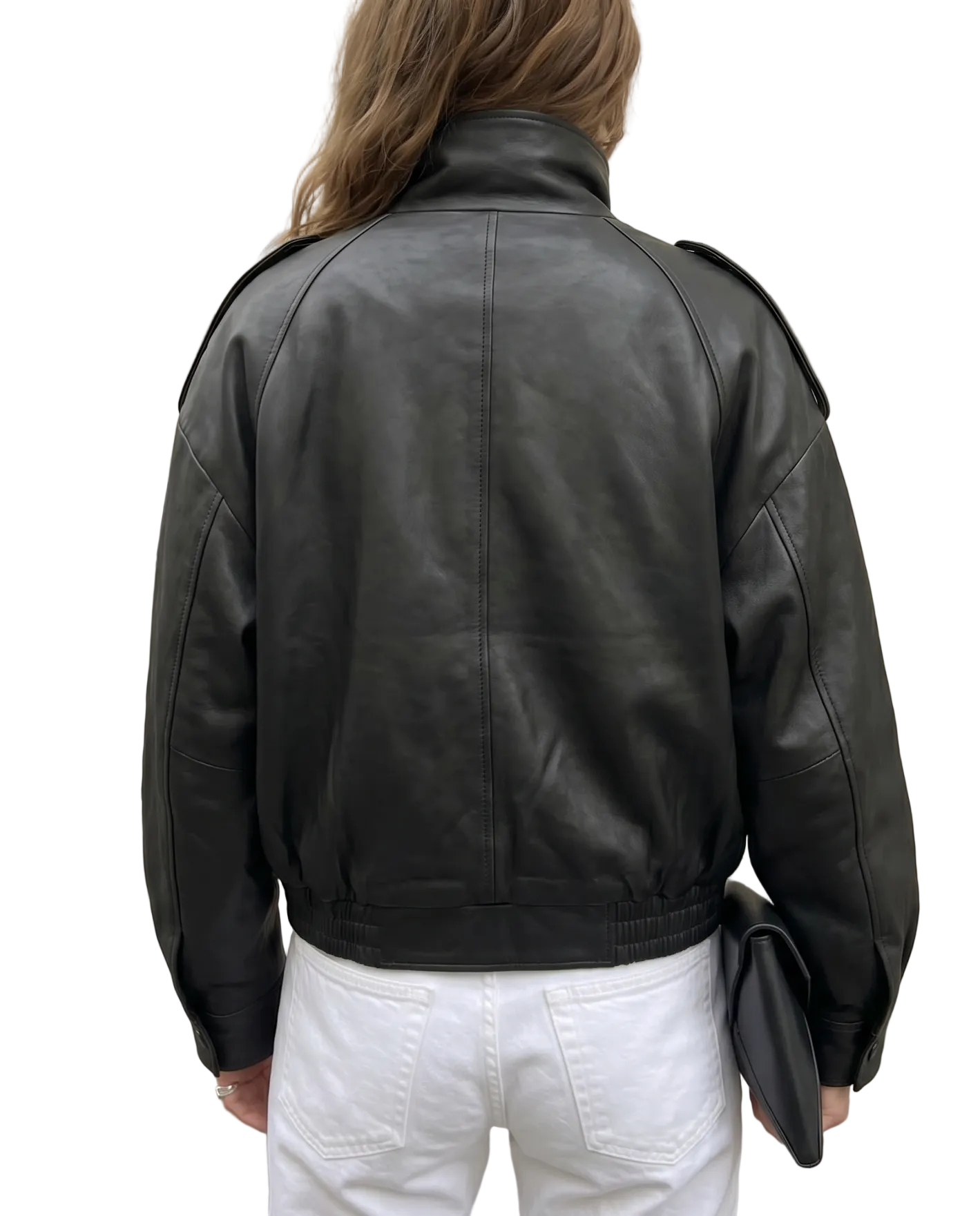Back view of The Noa women's black genuine lambskin oversized funnel neck leather jacket by Amrika Leather highlighting the clean oversized silhouette.