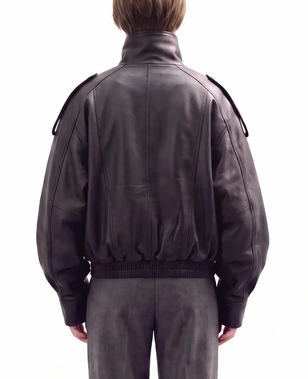 Back view of The Noa women's black genuine lambskin oversized funnel neck leather jacket by Amrika Leather highlighting the clean oversized silhouette.