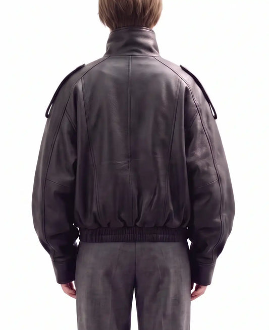 Back view of The Noa women's black genuine lambskin oversized funnel neck leather jacket by Amrika Leather highlighting the clean oversized silhouette.