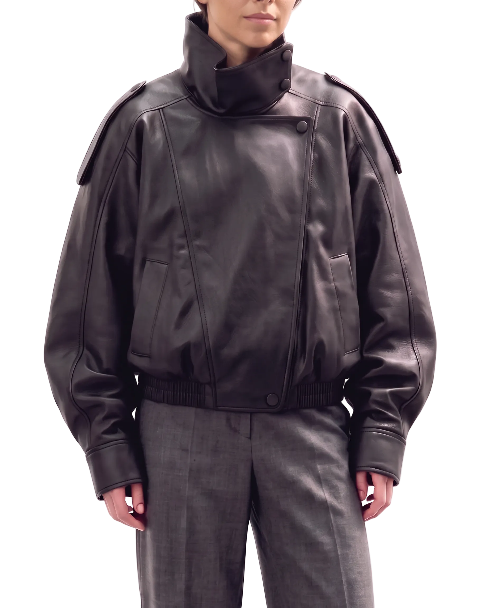 Front view of The Noa women's black real lambskin oversized funnel neck leather jacket by Amrika Leather featuring a minimalist design, oversized fit, and high funnel neck.