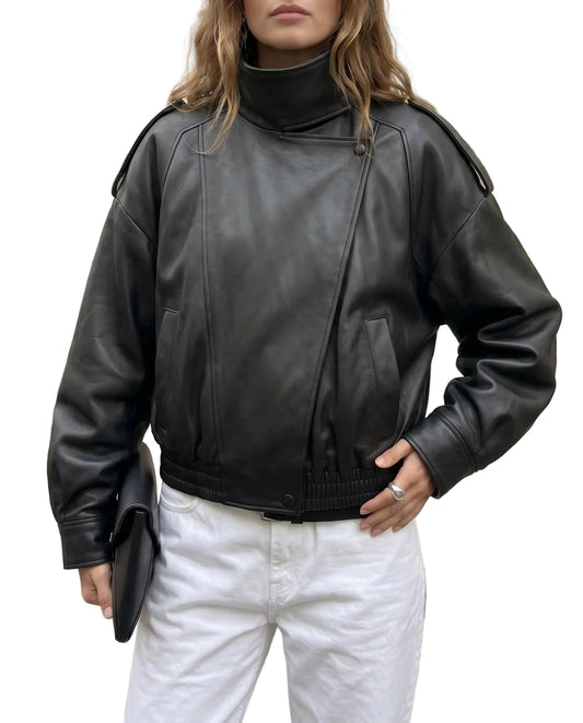 Front view of The Noa women's black real lambskin oversized funnel neck leather jacket by Amrika Leather featuring a minimalist design, oversized fit, and high funnel neck.
