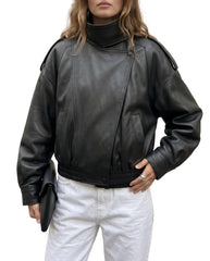 Front view of The Noa women's black real lambskin oversized funnel neck leather jacket by Amrika Leather featuring a minimalist design, oversized fit, and high funnel neck.