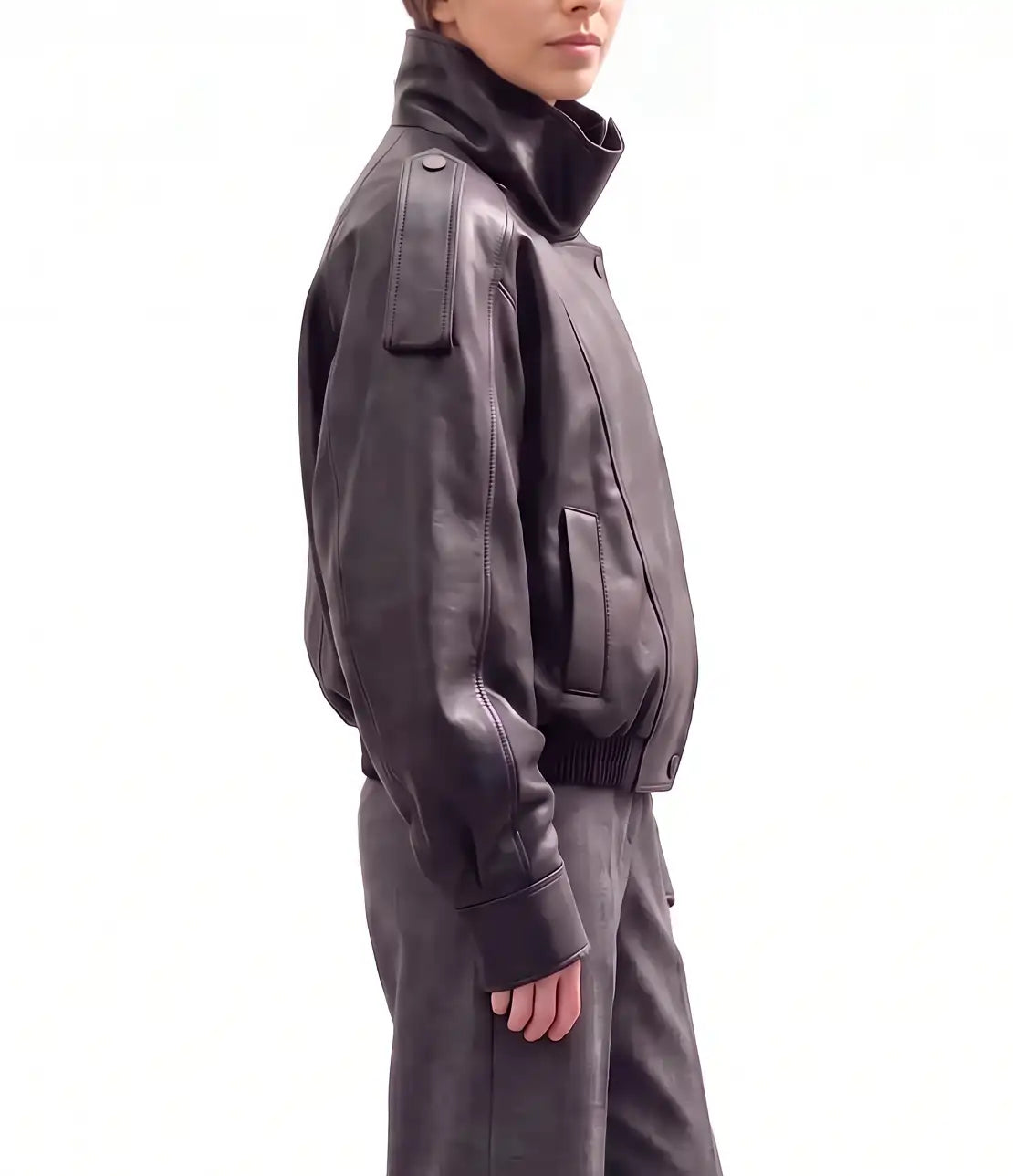 Side view of The Noa women's black genuine lambskin oversized funnel neck leather jacket by Amrika Leather showcasing the relaxed silhouette and modern profile.