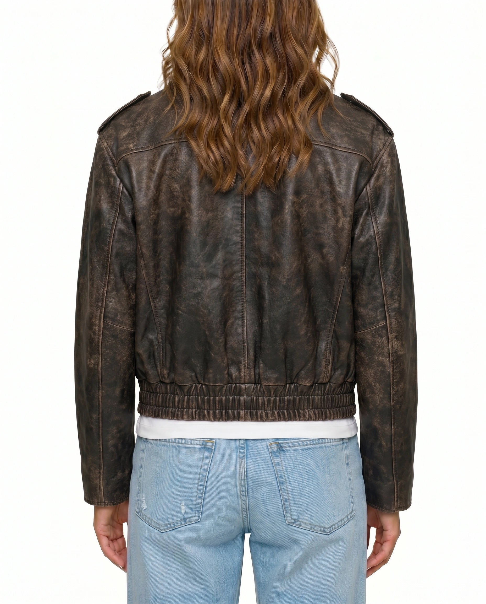 Back view of The Ronan women's distressed brown genuine lambskin aviator bomber leather jacket by Amrika Leather highlighting the clean bomber back design.