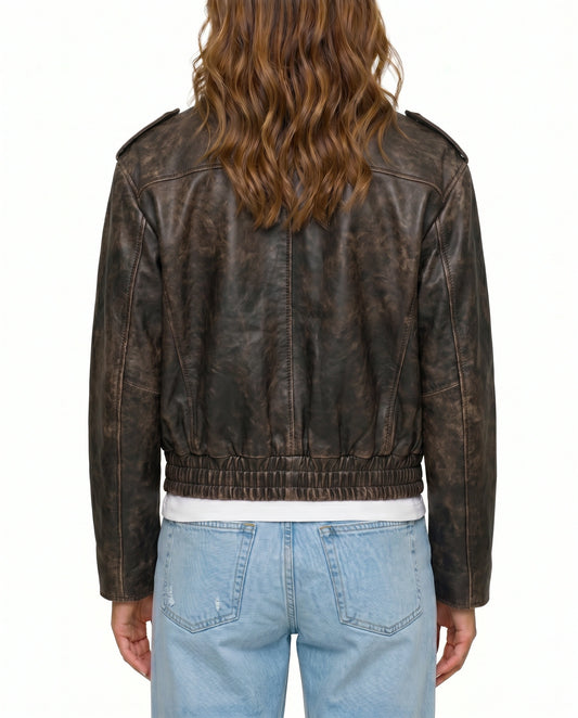 Back view of The Ronan women's distressed brown genuine lambskin aviator bomber leather jacket by Amrika Leather highlighting the clean bomber back design.