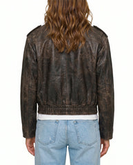 Back view of The Ronan women's distressed brown genuine lambskin aviator bomber leather jacket by Amrika Leather highlighting the clean bomber back design.