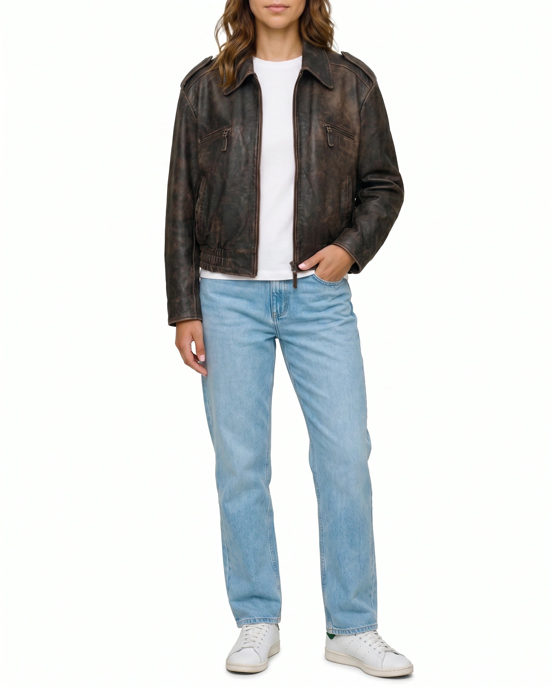 Full-length view of The Ronan women's distressed brown genuine lambskin aviator bomber leather jacket by Amrika Leather showcasing the complete silhouette and styling.