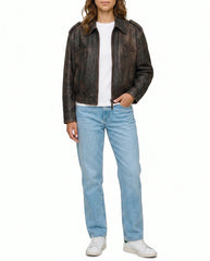 Full-length view of The Ronan women's distressed brown genuine lambskin aviator bomber leather jacket by Amrika Leather showcasing the complete silhouette and styling.