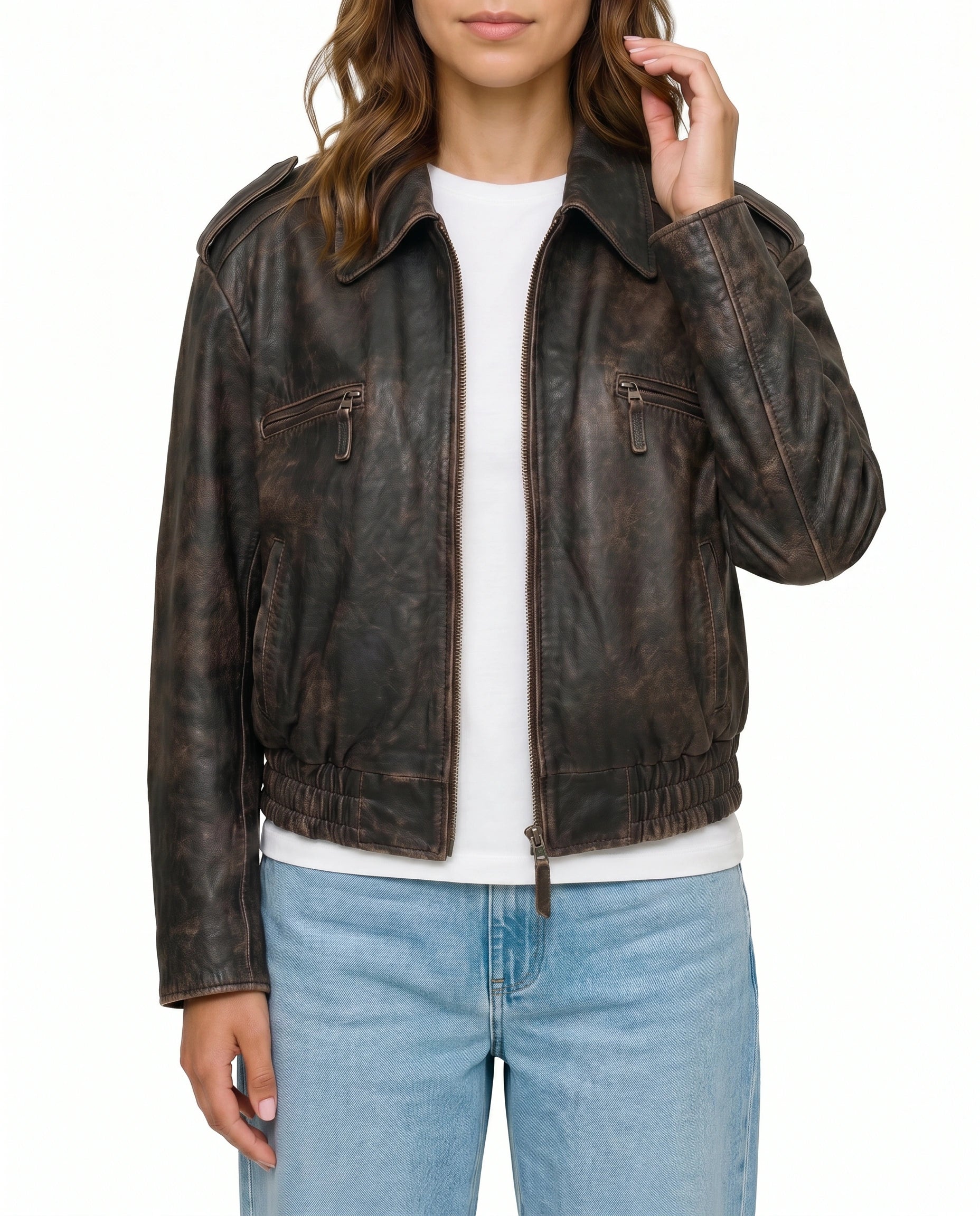 Hero pose of The Ronan women's distressed brown real lambskin aviator bomber leather jacket by Amrika Leather styled with a modern casual outfit.