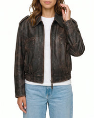 Hero pose of The Ronan women's distressed brown real lambskin aviator bomber leather jacket by Amrika Leather styled with a modern casual outfit.