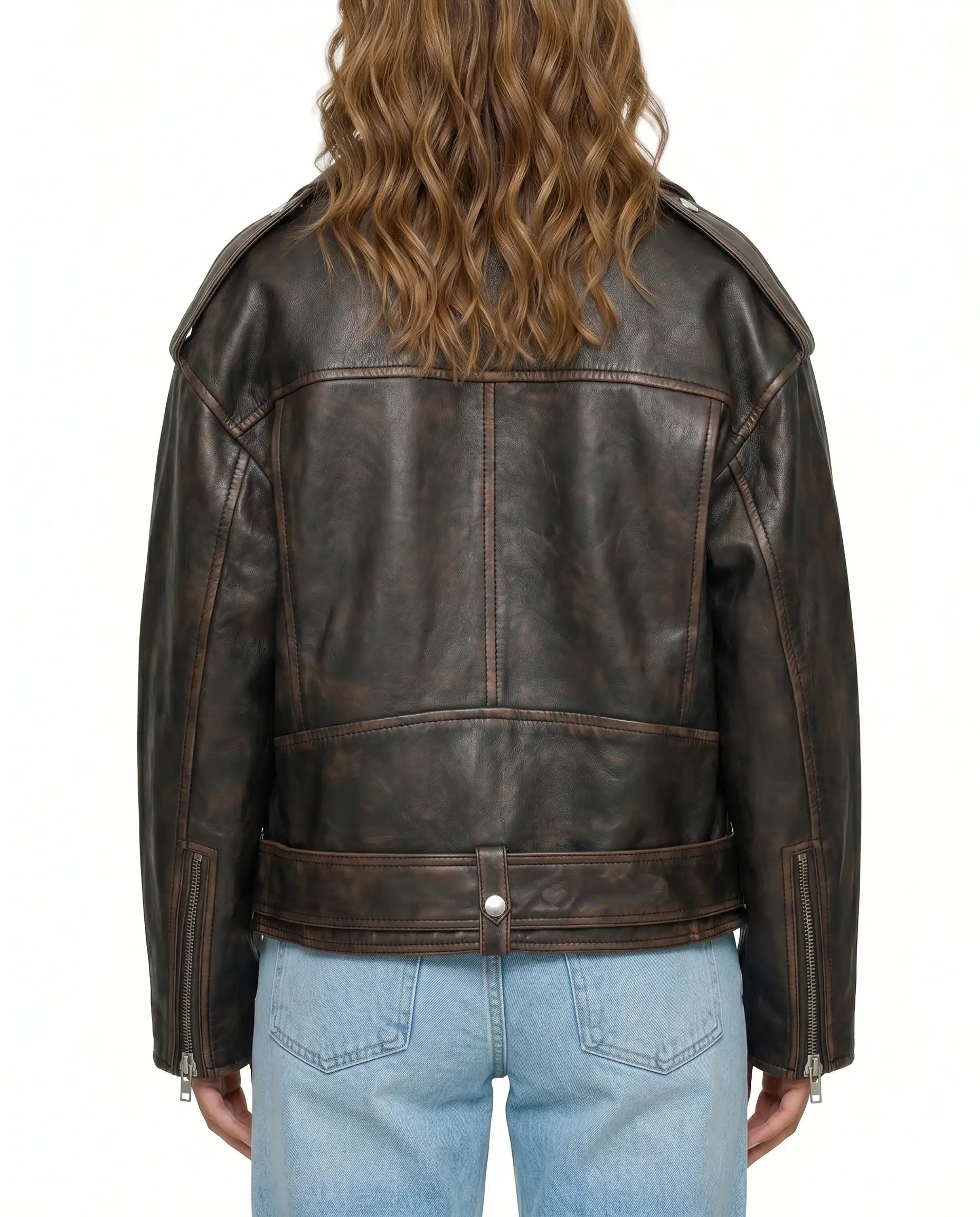 Back view of The Rowan women's distressed brown genuine lambskin oversized biker leather jacket by Amrika Leather highlighting the relaxed oversized fit.