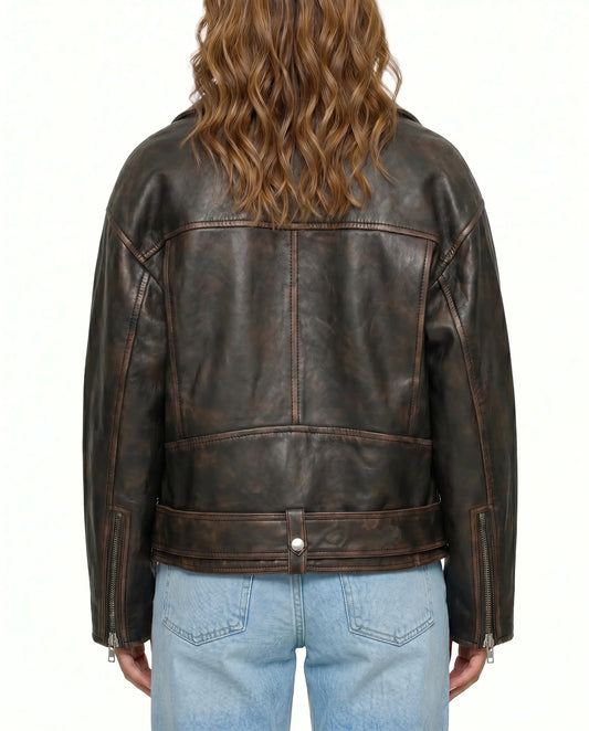 Back view of The Rowan women's distressed brown genuine lambskin oversized biker leather jacket by Amrika Leather highlighting the relaxed oversized fit.