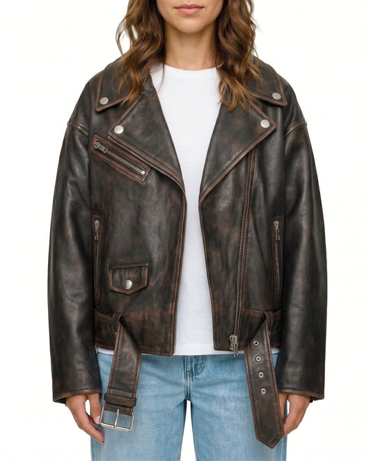 Front view of The Rowan women's distressed brown real lambskin oversized biker leather jacket by Amrika Leather featuring an asymmetric zipper, wide lapels, and adjustable waist belt.