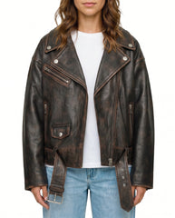 Front view of The Rowan women's distressed brown real lambskin oversized biker leather jacket by Amrika Leather featuring an asymmetric zipper, wide lapels, and adjustable waist belt.