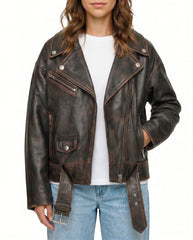 Hero pose of The Rowan women's distressed brown real lambskin oversized biker leather jacket by Amrika Leather styled with a modern casual outfit.