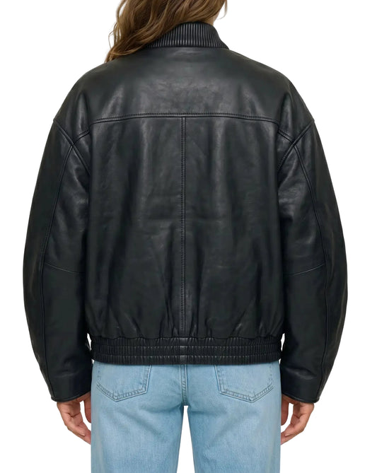 Front angled view of The Sora women's black genuine lambskin oversized bomber leather jacket by Amrika Leather showcasing the relaxed silhouette and minimalist design.